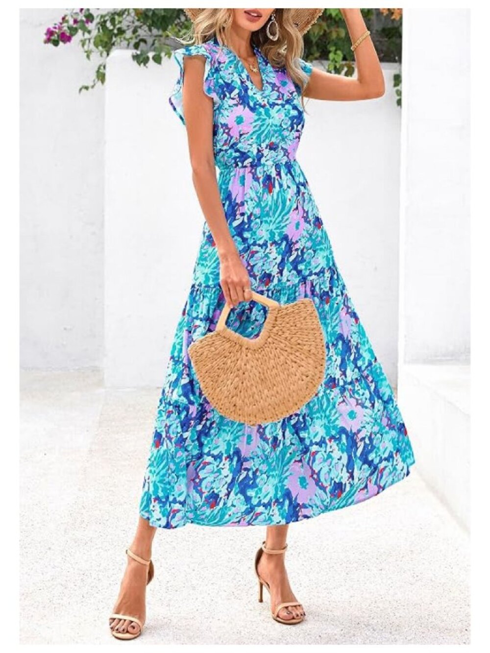 ✨ PRETTYGARDEN Floral Purple Blue Midi Dress Cap Sleeve V-Neck Large NWT